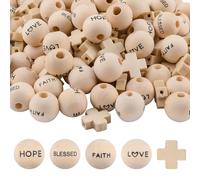 WANDIC 150 cuentas de palabras, juego de rosario de cruz cristiana de madera con texto en inglés "Love Hope Blessed Faith Letter Bead for Home Wall Decoration Hanging DIY Crafts