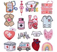 WANDIC 16 calcomanías de parche bordado con diseño de corazón de la enfermera, calcomanías médicas para planchar, apliques autoadhesivos para decoración de ropa y accesorios