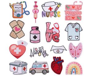 WANDIC 16 calcomanías de parche bordado con diseño de corazón de la enfermera, calcomanías médicas para planchar, apliques autoadhesivos para decoración de ropa y accesorios