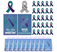 WANDIC 30 juegos de broches de cinta verde azulado y morado, para prevenir el suicidio, insignias de concienciación sobre agresión sexual, pines de metal con tarjeta de papel, bolsas de malla