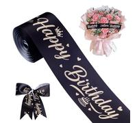 WANDIC Cinta de feliz cumpleaños, 10 yardas x 1.97 pulgadas, cinta negra dorada con purpurina con letras de feliz cumpleaños, cinta de poliéster para manualidades para decoración de ramo de flores y