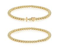 WANDIC Juego de pulseras de cruz dorada e inicial A para mujer, pulseras cristianas de 2 piezas, preredes religiosas para confirmación de bautismo de mamá y hermana