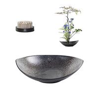 WANDIC - Juego de rana con forma de media luna y florero Ikebana con 5 cm de flor de rana Kenzan y base de madera para arreglar flores, color negro