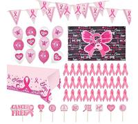 WANDIC Juego grande de decoración de cinta rosa, 1.64 x 0.98 yardas. Fondo de concienciación sobre el cáncer de mama, mantel, pancartas, globos, adornos para tartas y pin de cinta rosa