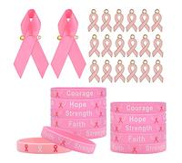 WANDIC - Lote de 40 Pines de Cinta de satén, 40 Colgantes de Cinta Rosa y 20 Pulseras de sensibilización sobre el cáncer de Mama de Silicona para Mujer