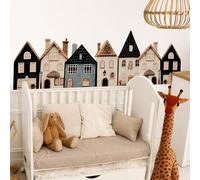 WandSticker4U® - Adhesivo decorativo para pared habitación infantil, borde de casas acuarela (88x28 cm) | Adhesivo escandinavo para habitación infantil moderno | Adhesivo bohemio para habitación de