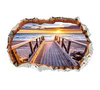 WandSticker4U®- Pegatinas de pared 3D PASARELA al MAR (90x60 cm) I adhesivos pared playa palmera isla tropical amanecer atardecer I vinilos decorativos salón dormitorio cocina adhesivo de puerta