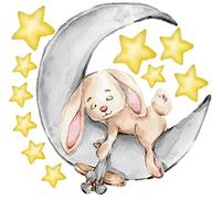 WandSticker4U®- Pegatinas pared infantiles CONEJO en la LUNA acuarela (66x62 cm) I vinilo adhesivo pared infantil animales bosque estrellas buenas noches I decoración habitación bebé niños