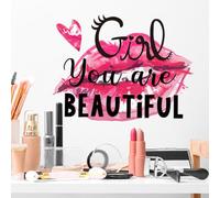 WandSticker4U®- Pegatinas pared niña frases motivadoras GIRL BEAUTIFUL (28x37 cm) I Vinilos adhesivo pared decorativo frases niña belleza corazón labios I Decoración habitación chica mujere tocador