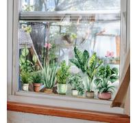 WandSticker4U®- Pegatinas ventana PLANTAS de INTERIOR verdes primavera reutilizable (92x38 cm) I vinilo para ventanas hojas mariposas I decoracion ventana salón dormitorio verano (no adhesivo)
