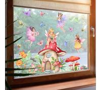 WandSticker4U®- Pegatinas ventanas niña HADAS y CASA de SETAS rosa (80x43 cm) I Vinilo adhesivo infantil ventana flores hadas elfos princesa I Decoración ventana habitación niña bebé primavera GRANDE