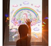 WandSticker4U®- Pegatinas ventanas niña UNICORNIO y ARCOÍRIS y FLORES reutilizable (54x40 cm) I Vinilos para ventanas unicornio arcoíris flores I Prisma adhesivos ventana niña primavera decoración