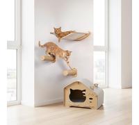 Waneka Pack Hamaca con Accesorios y Casa de Madera para Gatos. Hamaca y escalones, Junto con casita de Madera y Tela.