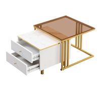 WANGCAIER Coffee Table Set of 2, Nesting Coffee Table with Marble Pattern, Modern Gold Nesting Side Table with Drawer and Metal Frame, for Living Room, Bedroom and Small