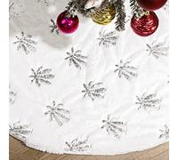 WANGCAIER White Christmas Tree Skirt Large Faux Fur Xmas Tree Mat with Sequin Maple Leaf, Holiday Party Christmas Tree Decorations Ornaments Indoor Outdoor,Silver-122cm(48inch)