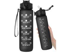 WANGCL Botella de agua de 32 onzas con pajilla, marcador de tiempo motivacional, portátil, reutilizable, para deportes y actividades al aire libre (negro)