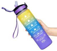 WANGCL Botella de agua de 32 onzas con pajilla, marcador de tiempo motivacional, portátil, reutilizable, para deportes y actividades al aire libre (degradado amarillo/azul/morado)