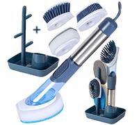 WANGCL Cepillo dispensador de jabón, cepillo para lavar platos, cepillo de limpieza de cocina con 4 cabezales reemplazables con base de almacenamiento (azul)