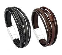 WANGCL Pulsera de cuero para hombre (2 piezas): diseño trenzado multicapa hecho a mano (ideal para San Valentín, cumpleaños y bodas)