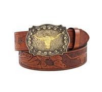 WANGCL Western - Cinturones de cuero con hebilla de cowboy longhorn, hebilla de toro, cinturón de vaquero en relieve floral para hombre (47.3 pulgadas de largo), dorado, Talla única