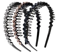 Wangdaqi Diademas de diamantes de imitación ondulados y dientes de cristal para mujer, diademas duras antideslizantes (plata, oro y azul oscuro)