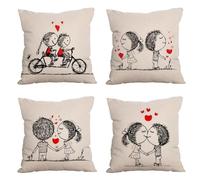 WANGG Juego de 4 Fundas Cojines Decorativos 65 X 65 cm Amor de Dibujos Animados Cojín de Lino, con Cremallera Invisible Tejido Suave y Lavable, para Sala Sofá Cama Decoración para Hogar