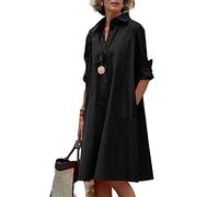 WANGHAIPING Vestido camisero suelto de lino de manga larga con botones y estampado simple para mujer, talla grande, I, negro, 3XL