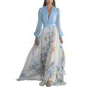 WANGHAIPING Vestido maxi suelto de manga larga con cuello en V para mujer, vestido elegante para primavera y verano, color azul, azul, L