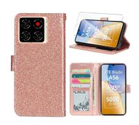 Wanglaism Funda para ZTE Blade A56, con Protector de Pantalla de Vidrio Templado, Carcasa de Cuero con Tapa y Tarjetero, Tipo Libro con Soporte Case Cover-Oro Rosa