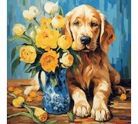 WANGXIAO Juego de Pintura por números para Adultos,Lienzo de Pintura al óleo con Pinceles y Pintura,como Regalo de decoración del hogar,40 x 40 cm,perro golden retriever margarita,Con marco