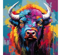 WANGXIAO Pintar por Numeros Adultos,DIY Pintura por Números,con Pinceles y Pintura Acrilica,40x40 cm,Grafiti colorido con salpicaduras de búfalo africano,Con marco