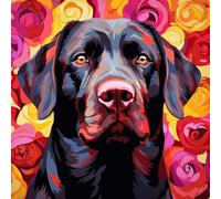 WANGXIAO Pintar por Numeros Adultos,DIY Pintura por Números,Kit de Pintura al óleo de Lienzo DIY para con Pinceles,Pigmento Acrílico,40 x 40cm,perro labrador negro rosa roja,Con marco