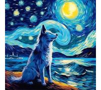 WANGXIAO Pintar por Numeros,DIY Cuadro al óleo con números para Kit de Pintura al óleo Digital para Adultos y de Regalos,40x40cm,lobo azul del cielo estrellado,Con marco