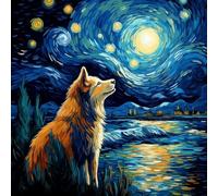 WANGXIAO Pintar por Numeros para Adultos,Pintura por Números con Pinceles y Pinturas,DIY Pintura al óleo para el Hogar Regalo,40x40cm,lobo azul del cielo estrellado,Con marco