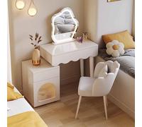 WANGXLGD Tocador de Maquillaje con Luces, Iluminación de 3 Colores, Luminosidad Ajustable, Cajonera y Taburete de Madera, Tocador para Mujer Niña (A,80cm)