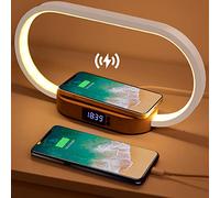 Wanjiaone Lámpara led de Mesita de Noche, Cargador Inalámbrico 15W y USB, Táctil Regulable con 3 Niveles de Brillo, Lámpara Moderna con Reloj para Escritorio, Dormitorio