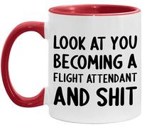 WANJIBAO Taza de 325 ml, diseño con texto en inglés "Look At You Becoming A Flight Attendant and Funny New Job Celebration", color blanco y rojo