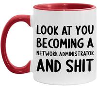 WANJIBAO Taza de 325 ml, diseño con texto en inglés "Look At You Becoming A Network Administrator and Funny New Job Celebration", color blanco y rojo