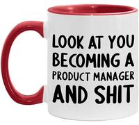 WANJIBAO Taza de 325 ml, diseño con texto en inglés "Look At You Becoming A Product Manager and Funny New Job Celebration", color blanco y rojo