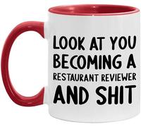 WANJIBAO Taza de 325 ml, diseño con texto en inglés "Look At You Becoming A Restaurant Reviewer and Funny New Job Celebration", color blanco y rojo