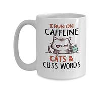 WANJIBAO Taza de café de cerámica con texto en inglés "I Run On Caffeine Cats And Cuss Words" para hombres, mujeres, papá, mamá, niño y niña, 325 ml