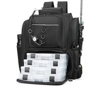 WANOON Mochila de pesca con soporte para caña, mochila impermeable para aparejos, Black, 45L US, Con caja