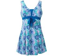Wantdo Bañador Talla Grande Traje de Baño Push up Cuello en V Cintura Alta Falda una Pieza con Pantalones Cortos para Mujer Flor Azul 56-58