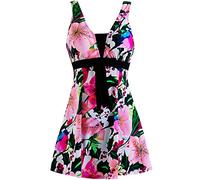 Wantdo Bañador Vientre Plano Cuello en V Traje de Bano Multicolor Cintura Alta Falda Traje de Baño Push up para Mujer Flor de Ave 50-52