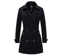 Wantdo Gabardina de Doble Botonadura Clásico para Mujer con Cinturón Trench Abrigo con Cierre de Botones Antiviento Chaqueta con Agente Impermeable Silm Fit Solapa Negro XXL