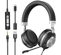 Wantek Auriculares con Micrófono PC,Cascos con Cable USB-A y Jack 3,5 mm con Adaptador Tipo C,Cancelación de Ruido,Control de Volumen y Botón Silencio para Call Center,Zoom,Teletrabajo
