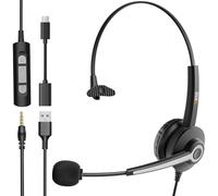 Wantek Auriculares Mono con Micrófono con Cancelación de Ruido, USB/Tipo-c/Conector de 3,5 mm Auriculares USB 3 en 1, Control de Volumen de Auriculares de una Oreja para Centro de Llamadas, Skype, Zo
