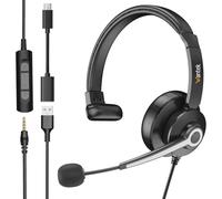Wantek Mono Auriculares USB con Micrófono,USB-A/USB-C/Jack 3.5mm Cascos 3 en 1 con Cable,Cancelación de Ruido y Control de Volumen para Teletrabajo,Zoom,Cursos Online y Call Center