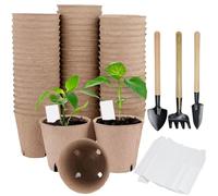 WANTOUTH 50 PCS Macetas Biodegradables 8 cm, Maceta de Cultivo Redonda, Macetas de Cultivo Pequeñas para Semillas, Maceta para Plántulas con 50 Etiquetas de Plantas y 3 Herramientas de Jardinería
