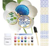 Wanwanzi 10 conchas festoneadas grandes (4-5 pulgadas) kit de decoupage con papel de decoupage floral azul/dorado y pinturas acrílicas doradas y coloridas para manualidades, decoración del hogar